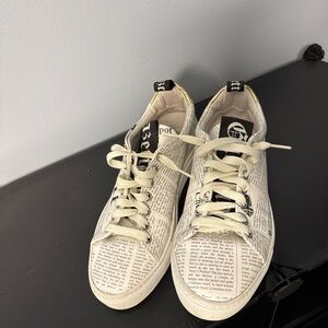 John Galliano Newspaper Print Low-Top Sneakers in Cream and Black